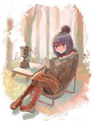  1girl absurdres backpacking_stove blue_hair book boots camping camping_chair chair commentary_request folding_chair forest grass hair_bun highres holding holding_book knee_boots minamisuwari multicolored_scarf nature open_book outdoors portable_stove reading scarf shima_rin single_hair_bun sitting solo steam tree violet_eyes yurucamp 