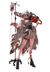  1girl absurdres bandages belt black_survival blood blood_bag blood_on_clothes blood_on_face blood_on_hands boots chainsaw collar copyright_name cuffs dress eyepatch full_body grey_hair grin hair_between_eyes highres holding holding_chainsaw incredibly_absurdres intravenous_drip jackie_quilt looking_at_viewer official_art red_eyes scar scar_on_face scar_on_leg sendro short_hair sissela_jackie slit_pupils smile solo third-party_source torn_clothes transparent_background white_hair 