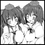  border breasts circle_cut hat himekaidou_hatate large_breasts midori-shiki monochrome open_mouth shameimaru_aya smile tokin_hat touhou 