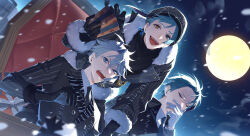  13_(bbr584607091) 3boys absurdres azul_ashengrotto azul_ashengrotto_(nightmare_suit) black_gloves black_hair black_hat black_suit blue_eyes blue_hair blurry blurry_foreground closed_eyes clouds cloudy_sky commentary cooking floyd_leech floyd_leech_(nightmare_courier) full_moon fur-trimmed_jacket fur_trim gift glasses gloves green_eyes grey_hair hat heterochromia highres holding holding_gift jacket jade_leech jade_leech_(nightmare_suit) looking_at_viewer lost_in_the_book_with_tim_burton's_the_nightmare_before_christmas male_focus moon multicolored_hair multiple_boys night_sky open_mouth pinstripe_pattern pinstripe_suit sharp_teeth short_hair sky smile snow streaked_hair suit surprised symbol-only_commentary teeth twisted_wonderland upper_body upper_teeth_only white_gloves yellow_eyes 