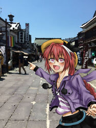  1boy androgynous aqua_belt astolfo_(fate) astolfo_(memories_at_trifas)_(fate) belt black_bow black_skirt blush bow braid cowboy_shot crop_top cropped_jacket cropped_shirt fang fate/apocrypha fate_(series) hair_bow hair_intakes hood hooded_jacket jacket kn556 long_hair male_focus midriff multicolored_hair official_alternate_costume open_mouth pink_hair pom_pom_(clothes) purple_jacket shirt single_braid skin_fang skirt smile solo streaked_hair striped_clothes striped_shirt v-neck violet_eyes white_hair 