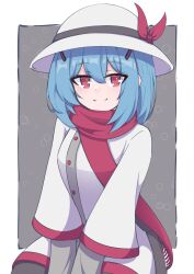  1girl absurdres blue_hair blush colphne_(girls'_frontline_2) commentary girls'_frontline_2:_exilium girls_frontline hair_between_eyes hair_ornament hairclip hat hat_ribbon highres jacket looking_at_viewer medium_hair red_eyes red_ribbon red_scarf ribbon risu_(risu028) scarf smile solo v_arms white_hat white_jacket 