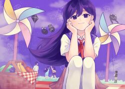  2girls 3boys :3 absurdres apple arm_up aubrey_(headspace)_(omori) aubrey_(omori) banana barefoot black_hair black_socks black_tank_top blue_shirt blush brother_and_sister brothers checkered_blanket checkered_clothes closed_mouth clouds collared_shirt colored_skin commentary double-parted_bangs english_commentary food forest_bunny_(omori) fruit grapes hair_between_eyes hands_on_own_cheeks hands_on_own_face hero_(headspace)_(omori) hero_(omori) highres kel_(headspace)_(omori) kel_(omori) kite kite_flying kneehighs knees_up long_hair long_shirt long_sleeves looking_at_another looking_at_viewer mari_(headspace)_(omori) mari_(omori) mewo multiple_boys multiple_girls neckerchief omori omori_(omori) orange_joe_(omori) pajamas picnic_basket picnic_blanket pinwheel pleated_skirt purple_hair purple_shorts purple_sky purple_sweater_vest red_neckerchief red_skirt shirt short_hair short_sleeves shorts siblings sitting skirt sky smile socks ssnowman0203 standing striped_clothes striped_pajamas striped_shorts sweater_vest t-shirt tank_top thigh-highs vertical-striped_clothes vertical-striped_pajamas vertical-striped_shorts violet_eyes white_pajamas white_shirt white_shorts white_skin white_thighhighs 