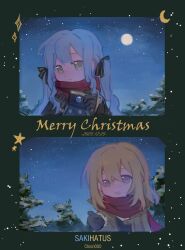  2girls bang_dream! bang_dream!_it's_mygo!!!!! black_gloves black_mittens black_ribbon blonde_hair blue_hair camera chiori000 commentary dated gloves hair_between_eyes hair_ribbon highres holding holding_camera long_hair misumi_uika mittens multiple_girls open_mouth red_scarf ribbon scarf ship_name sidelocks spoilers togawa_sakiko violet_eyes winter_clothes yellow_eyes 