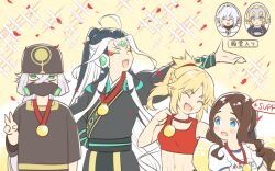  3boys 3girls 7dango7 ahoge asclepius_(fate) bandana black_bandana black_bow black_hair black_shirt blonde_hair blue_eyes blush bow braid breasts brown_hair chibi closed_eyes crossed_bangs eyeliner fate/grand_order fate_(series) forehead forehead_jewel hair_bow jeanne_d'arc_(fate) jeanne_d'arc_(ruler)_(fate) leonardo_da_vinci_(fate) leonardo_da_vinci_(rider)_(fate) long_hair long_sleeves makeup mask medal merlin_(fate) mordred_(fate) mouth_mask multiple_boys multiple_girls open_mouth parted_bangs petals ponytail red_sports_bra rose_petals shi_huang_di_(fate) shirt short_sleeves sidelocks small_breasts smile sparkle sports_bra translation_request very_long_hair white_hair white_shirt 