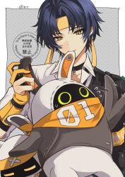  1boy asaba_harumasa asaboo_(zenless_zone_zero) bandana bandana_around_neck bangboo_(zenless_zone_zero) biting biting_ear black_choker black_hair black_necktie border choker collarbone commentary_request dotted_background earrings eous_(zenless_zone_zero) flying_sweatdrops gloves grey_background headband highres jewelry looking_at_another male_focus necktie orange_bandana parted_bangs partially_fingerless_gloves pendant_choker shirt short_hair sweatdrop tanuki_nishi twitter_username upper_body white_border white_shirt yellow_eyes yellow_gloves yellow_headband zenless_zone_zero 