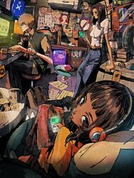  1boy 2girls :p air_conditioner analog_clock anya_(mouthwashing) belt black_hair black_pants blue_pants brown_hair cellphone clock coffee_maker commission copyright_request crayon_shin-chan cup dark-skinned_female dark_skin doko_demo_issyo electric_fan fumo_(doll) glasses grey_shirt hair_ornament hairclip hand_on_own_wrist hatsune_miku headphones hello_kitty hello_kitty_(character) highres ikari_shinji indoors inoue_toro ipod jojidoboro looking_back monitor mouthwashing mp3_player mug multiple_girls neon_genesis_evangelion original pants phone pikachu pokemon poster_(object) round_eyewear sanrio shirt sitting stool sweater_vest tea tongue tongue_out vocaloid white_shirt 