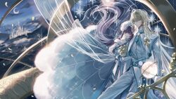  1boy 1girl :d absurdres alkaid_mcgrath alkaid_mcgrath_(godheim) alternate_costume alternate_hair_length alternate_hairstyle aqua_bow aqua_choker aqua_ribbon armillary_sphere blonde_hair blue_dress blunt_bangs blurry blurry_background bouquet boutonniere bow braid brooch castle chinese_commentary choker clerical_collar collarbone cowboy_shot crescent_moon cropped_jacket dress falling_petals feet_out_of_frame floating_clothes floating_hair flower full_moon fur-trimmed_dress fur_hat fur_trim gown green_eyes green_sash hair_between_eyes hair_bow hair_ornament hat heroine_(lovebrush_chronicles) hetero highres holding holding_bouquet husband_and_wife jacket jewelry juliet_sleeves lapels leaning_on_person locked_arms long_dress long_hair long_sleeves looking_down lovebrush_chronicles midair mobile moon neck_ribbon night off-shoulder_dress off_shoulder pants petals puffy_sleeves purple_hair ribbon ribbon_choker rose rose_petals sash see-through_clothes see-through_veil shirt side-by-side side_braid smile snow234 sparkle sparkle_earrings standing star_(symbol) star_brooch star_hair_ornament veil very_long_hair violet_eyes waist_cape waist_sash wedding white_dress white_hat white_jacket white_pants white_shirt white_veil yellow_flower yellow_petals yellow_rose 