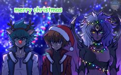  animal_ears antlers aqua_hair blue_hair blue_jacket blue_lips brown_eyes brown_hair christmas christmas_lights collared_jacket collared_shirt deer_ears demon_girl demon_wings duel_academy_uniform_(yu-gi-oh!_gx) duel_monster facial_mark green_eyes hat headband heterochromia horns jacket johan_andersen merry_christmas multicolored_hair orange_hair red_jacket red_nose reindeer_antlers santa_hat shirt spikes spiky_hair third_eye white_hair wings xenvita yu-gi-oh! yu-gi-oh!_gx yubel yuki_judai 