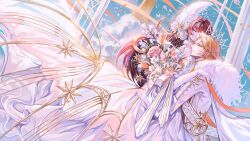  1boy 1girl absurdres adapted_costume alternate_costume amaryllis_(flower) bell bird black_hair blonde_hair blunt_bangs bouquet bow braid cape chinese_commentary church_bell closed_eyes closed_mouth clouds confetti crescent crescent_pin crinoline curtained_hair daffodil day dress elbow_gloves feather_hair_ornament feathers feet_out_of_frame flower from_side fur-trimmed_cape fur-trimmed_collar fur_trim gloves gown hair_flower hair_ornament head_chain heroine_(lovebrush_chronicles) hetero highres holding holding_bouquet hug husband_and_wife implied_kiss jacket jewelry kissing_hair lars_rorschach lars_rorschach_(godheim) long_dress long_hair long_sleeves lovebrush_chronicles orange_flower orange_ribbon orange_tulip parted_bangs pillar pink_flower pink_rose pink_tulip plume pointed_crown profile ribbon rose sash short_hair shoulder_sash side_braid smile snow234 star_(symbol) star_hair_ornament sun_symbol three-quarter_sleeves tiara tulip upper_body wedding white_bow white_cape white_dress white_flower white_gloves white_jacket white_rose white_sash 