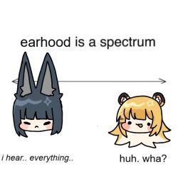  2girls animal_ear_fluff animal_ears black_hair blonde_hair blush_stickers closed_mouth cropped_head english_commentary english_text expressionless fox_ears fox_girl girlhood_is_a_spectrum_(meme) happybemmy hoshimi_miyabi ju_fufu long_hair meme multiple_girls open_mouth sidelocks smile tiger_ears tiger_girl zenless_zone_zero 