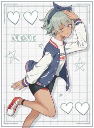  1girl blue_jacket female_focus green_hair jeiyllow kusanagi_nene open_mouth project_sekai short_hair violet_eyes wink 