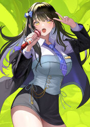  1girl black_hair black_jacket blue_corset blue_necktie bow breasts collared_shirt colored_inner_hair commentary_request corset diesel_(nikke) diesel_(winter_sweets)_(nikke) earrings goddess_of_victory:_nikke green_background hair_bow highres holding holding_microphone jacket jewelry korean_commentary large_breasts long_hair looking_at_viewer microphone miniskirt multicolored_hair music necktie open_mouth plaid_clothes plaid_necktie shirt singing skirt snowflake_earrings solo split-color_clothes ssal v yellow_eyes 