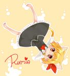  animal_ears bad_id barefoot blonde_hair cat_ears cat_tail character_name hair_ribbon highres jigatei_(omijin) kemonomimi_mode omijin red_eyes ribbon rumia short_hair solo tail the_embodiment_of_scarlet_devil touhou youkai 