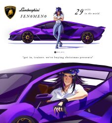  1girl animal_ears black_gloves black_hair blue_pants blush car crossed_arms denim ears_through_headwear english_text fenomeno_(umamusume) fingerless_gloves flipped_hair gloves hat highres horse_ears horse_girl horse_tail lamborghini lamborghini_fenomeno long_hair looking_at_viewer motor_vehicle multicolored_hair n10_arts name_connection open_mouth pants peaked_cap purple_hair shirt shoes short_sleeves smile sports_car tail umamusume violet_eyes white_shirt 