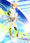  absurdres aomusi86 arm_warmers bad_id blonde_hair blue_eyes brother_and_sister detached_sleeves hair_ornament hair_ribbon hairclip headphones hexagon highres kagamine_rin kagamine_rin_(append) navel ribbon short_hair shorts siblings smile solo vocaloid vocaloid_append 