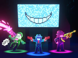  1boy 1girl 1other 2022 3d absurdres animal_ears arm_around_shoulder bandana bandana_around_neck bazooka black_hat black_jacket black_pants black_shirt black_shoes blender_(medium) blue_hair blue_skin bob_cut closed_mouth collared_shirt colored_sclera colored_skin colored_teeth commentary dark dark_background dark_room deltarune digital_media dual_wielding english_commentary fangs fedora freckles furry furry_female furry_male glasses gloves goat_boy goat_ears green-framed_eyewear green_gloves green_shirt grin gun hair_over_one_eye hat highres holding holding_gun holding_weapon horns jacket kris_(dark_world)_(deltarune) kris_(deltarune) kris_(gangster)_(deltarune) layered_sleeves light_particles long_hair long_sleeves looking_at_viewer necktie official_alternate_costume one_eye_covered open_mouth pants pink_eyes pink_scarf pink_skin pinstripe_jacket pinstripe_pants pinstripe_pattern pinstripe_suit pointing pointing_up pomelochewy purple_hair purple_necktie purple_skin ralsei ralsei_(gangster) red_bandana red_necktie reptile_girl rifle round_eyewear scarf semi-rimless_eyewear shaded_face sharp_teeth shirt shoes short_hair short_sleeves simple_background skin_fangs smile stage standing star_(symbol) striped_clothes striped_jacket striped_pants striped_vest suit suit_jacket susie_(dark_world)_(deltarune) susie_(deltarune) susie_(gangster)_(deltarune) suspenders teeth television utdr_(toby_fox) vertical-striped_clothes vertical-striped_jacket vertical-striped_pants vertical-striped_vest vest weapon white_fur white_pupils white_shirt yellow_sclera yellow_teeth 