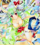  at_classics breasts cleavage dress ex-keine horns kamishirasawa_keine large_breasts legs long_hair marker_(medium) multicolored_hair red_eyes sample smile solo touhou traditional_media 