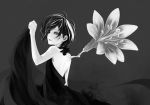  bad_id black black_dress black_hair cloth copyright_request dress flower from_behind high_contrast looking_back monochrome pale_skin saki_(pixiv303252) short_hair simple_background skull solo 