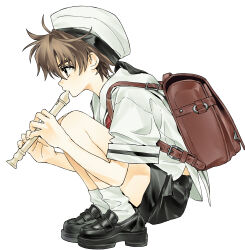  1boy absurdres backpack bag black_shoes black_shorts brown_bag brown_hair cardcaptor_sakura flute from_side full_body highres holding holding_flute holding_instrument hynn0x_x instrument li_syaoran male_focus music playing_flute playing_instrument shirt shoes short_hair short_shorts shorts simple_background socks solo white_background white_shirt white_socks 