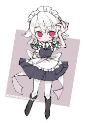  1girl apron boots braid chibi commentary dress green_necktie izayoi_sakuya large_ribbon leggings maid_apron maid_headdress necktie pinafore_dress puffy_short_sleeves puffy_sleeves red_eyes ribbon short_hair short_sleeves signature sleeveless sleeveless_dress symbol-only_commentary touhou tsuru_(nekopanchi) twin_braids white_background 