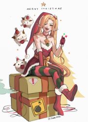 1girl :d ambitious_elf_jinx animal asymmetrical_gloves bare_shoulders belt_bow boots bow box breasts choker christmas collarbone commentary detonator diagonal-striped_pantyhose dress elbow_gloves english_commentary english_text explosive full_body fur-trimmed_boots fur-trimmed_dress fur-trimmed_gloves fur-trimmed_headwear fur_trim gift gift_box gloves green_eyes green_pantyhose hat highres holding holding_detonator jinx_(league_of_legends) league_of_legends long_hair looking_at_viewer merry_christmas official_alternate_costume official_alternate_hair_color on_box open_mouth orange_bow orange_hair pantyhose pointy_ears poro_(league_of_legends) red_boots red_choker red_dress red_gloves red_hat red_pantyhose santa_hat sawolapril single_elbow_glove sitting sitting_on_box sitting_on_gift_box small_breasts smile smoke star_(symbol) strapless strapless_dress teeth twintails twitter_username two-tone_pantyhose upper_teeth_only very_long_hair wire 