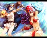  abs armor armpits bikini_armor blue_hair breasts chimochimo cleavage dragon_quest dragon_quest_iii gloves green_eyes helmet multiple_girls navel purple_hair red_eyes sage_(dq3) soldier_(dq3) sword taut_shirt torn_clothes weapon wince winged_helmet 