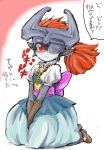  agitha agitha_(cosplay) blush cosplay dress embarrassed gloves heart helmet imp jewelry kneeling midna mizo_ne mizone necklace nintendo pendant pointy_ears ponytail red_eyes solo the_legend_of_zelda translated translation_request twilight_princess v_arms 
