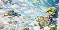  above_clouds artist_name blue_sky castle clouds commentary_request commission day english_commentary fantasy floating_island flock garutaisa mixed-language_commentary no_humans original outdoors scenery simple_bird sky tree watermark 