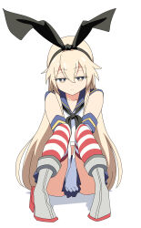  1girl absurdres baasaku_(balasaku24) black_hairband blonde_hair blue_sailor_collar elbow_gloves gloves grey_eyes hair_between_eyes hairband highres kantai_collection long_hair looking_at_viewer rudder_footwear sailor_collar shimakaze_(kancolle) sitting solo striped_clothes striped_thighhighs thigh-highs very_long_hair white_gloves 
