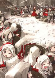  6+girls basket black_pants brown_hair character_request dress flora_sister_(ironlily) flower gambeson goggles hat hat_flower head_wreath highres holding holding_mace holding_shield holding_snowball holding_weapon ironlily kettle_helm lady_leonie_(ironlily) mace multiple_girls ordo_mediare_sisters_(ironlily) original outdoors pants red_dress shield snowball snowball_fight snowing surcoat taunting trebuchet veil weapon white_veil wimple winter 