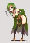  1girl bad_id bare_shoulders black_legwear black_thighhighs blush boots breasts cleavage detached_sleeves final_fantasy final_fantasy_iv green_eyes green_hair highres kusanagi_tonbo large_breasts leaning_forward legs long_hair open_mouth rydia sideboob simple_background smile solo thigh_boots thighhighs thighs translated translation_request 