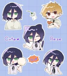  1boy 1girl amu_ki07 animal_ears bare_shoulders black_choker black_necktie black_ribbon blonde_hair blood blood_on_clothes blue_background blue_hair blush cat_ears cat_girl cat_tail chainsaw_man character_name chibi chibi_only choker closed_mouth collared_shirt cotton_candy cropped_torso denji_(chainsaw_man) falling_petals flower food green_eyes grenade_pin grid_background hair_between_eyes hair_bun heartbeat highres holding holding_cotton_candy holding_food kemonomimi_mode medium_hair multiple_views neck_ribbon necktie one_eye_closed open_mouth parted_lips petals pochita_(chainsaw_man) red_eyes reze_(chainsaw_man) ribbon shared_clothes sharp_teeth shirt short_hair sleeveless sleeveless_shirt sleeves_rolled_up smile sweatdrop tail teeth updo upper_body waving white_flower white_petals white_shirt 