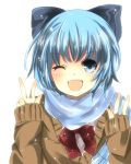  ameno_usagi bad_id blue_eyes blue_hair bow cirno double_v fang hair_bow lowres perfect_cherry_blossom scarf short_hair simple_background solo touhou v wink 