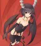  1girl black_eyes black_hair black_legwear black_thighhighs breasts collarbone demon_girl elbow_gloves flat_chest garter_straps garters gloves hands horns monorino original short_hair smile solo thigh-highs thighhighs wings 