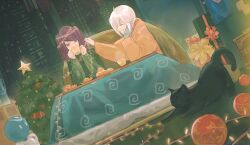  2girls :d absurdres animal black_cat box brown_eyes cat christmas christmas_lights christmas_ornaments christmas_tree city closed_eyes cup dana_zane drinking food fruit gift gift_box gloves green_sweater grey_gloves grin hand_on_own_cheek hand_on_own_face highres holding holding_cup hood hood_down hoodie indoors jill_stingray jitome kotatsu long_sleeves mandarin_orange multiple_girls orange_hoodie parted_lips purple_hair short_hair single_glove sitting smile sweater swept_bangs table twintails va-11_hall-a white_hair window yuishironeko 