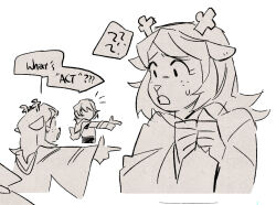  1girl 1other 2022 2d ambiguous_gender animal_ears anthro antlers armor armored_boots body_fur bodysuit boots deer deer_ears deer_girl deltarune digital_media female gauntlets grey_background hair_over_eyes holding holding_sword holding_weapon human kris_(dark_world)_(deltarune) kris_(deltarune) long_hair mammal monochrome noelle_holiday noelle_holiday_(dark_world) pointing pointing_forward reindeer reindeer_girl robe scarf short_hair simple_background sword tail tail_tuft tinnim2 utdr_(toby_fox) weapon 