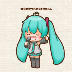  1girl absurdres ahoge aqua_hair aqua_necktie chibi chibi_only closed_eyes detached_sleeves full_body grey_shirt hatsune_miku highres holding holding_microphone microphone miniskirt music necktie open_mouth pleated_skirt sh1n_chan shirt singing skirt sleeveless sleeveless_shirt solo standing thick_outlines twintails vocaloid zettai_ryouiki 