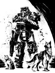  1other absurdres animal armor binoculars brotherhood_of_steel cat commentary_request dog dogmeat fallout fallout_4 full_armor full_body german_shepherd goggles goggles_on_head greyscale gun highres holding holding_binoculars holding_gun holding_weapon monochrome okazu_(sumi-e) power_armor power_armor_(fallout) second-party_source solo standing weapon 