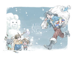  4boys 80850love_fu antlers aqua_shirt black_boots black_hair black_jacket black_pants blue_hat blue_jacket blue_pants boots border box brown_hair brown_pants character_snowman chibi child christmas christmas_present coat cropped_jacket deer_boy deer_tail dog_tags final_fantasy final_fantasy_viii fur-trimmed_boots fur-trimmed_jacket fur_trim gift gloves grey_coat grey_hat hat highres holding holding_box holding_sack horns hugging_own_legs jacket kemonomimi_mode laguna_loire long_hair male_focus mittens multiple_boys orange_mittens outdoors pants reindeer_antlers running sack santa_hat scar scar_on_face shirt short_hair snow snowing snowman squall_leonhart tail trowel white_border white_gloves winter world_of_final_fantasy 