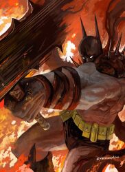  absolute_batman absolute_dc axe back_spikes bat_mask batman batman_(series) batman_symbol battle_axe belt bodysuit commentary cowl dc_comics english_commentary grey_bodysuit highres holding holding_axe multicolored_bodysuit muscular muscular_male superhero_costume two-tone_bodysuit utility_belt weapon yanmanxplore 