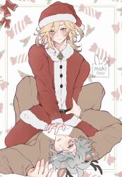 2boys alhaitham_(genshin_impact) animal_costume antlers belt blonde_hair genshin_impact hand_on_another's_chest hat highres horns kaveh_(genshin_impact) looking_at_viewer lying maki0xu multiple_boys on_back reindeer_antlers reindeer_costume ribbon santa_costume santa_hat sitting sitting_on_person watermark yaoi