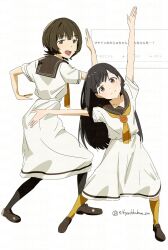  200-ko_no_chikara 2girls black_hair black_socks brown_eyes brown_hair gondou_asami highres loafers long_hair looking_at_viewer make_heroine_ga_oo_sugiru! momozono_junior_high_school_uniform multiple_girls neckerchief nukumizu_kaju open_mouth school_uniform serafuku shoes short_hair smile socks standing summer_uniform twitter_username white_background white_serafuku yellow_neckerchief yellow_socks 