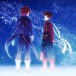  blue_background boots brown_hair folks_(nabokof) gloves kratos_aurion lloyd_irving male multiple_boys nabokof night red_eyes red_hair redhead star tales_of_(series) tales_of_symphonia 