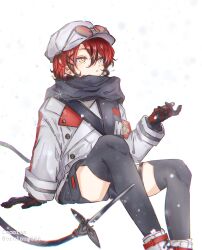  1boy absurdres arm_support armband artist_name black-framed_eyewear black_choker black_gloves black_scarf black_shorts boots buttons choker commentary double-breasted english_commentary gloves hair_between_eyes hat highres holostars holostars_english legs machina_x_flayon machina_x_flayon_(2nd_costume) male_focus mechanical_tail multicolored_gloves open_mouth orange_eyes orcinus666 parted_lips red-tinted_eyewear red_armband red_gloves red_hair scarf short_hair shorts simple_background sitting snowing solo tail thigh-highs thighs tinted_eyewear two-tone_gloves unworn_eyewear virtual_youtuber white_background white_boots white_hat zettai_ryouiki 
