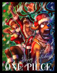  1girl 2boys alternate_form animal_ears antlers arms_up artist_name black_boots black_border black_hair blue_nose boned_meat boots border breasts brown_fur capelet christmas christmas_ornaments christmas_tree copyright_name cross_scar deer_ears dress english_commentary fake_beard fake_facial_hair fake_mustache feet_out_of_frame food fur-trimmed_boots fur-trimmed_capelet fur-trimmed_dress fur-trimmed_headwear fur-trimmed_jacket fur_trim grin happy_holidays hat highres holding holding_food holding_sack horns horns_through_headwear jacket large_breasts long_hair meat monkey_d._luffy multiple_boys nami_(one_piece) noremmak one_piece open_mouth orange_hair pants pantyhose pom_pom_(clothes) red_capelet red_dress red_hat red_jacket red_pants reindeer_antlers reindeer_boy riding riding_animal sack santa_costume santa_hat scar scar_on_chest scarf short_hair sidelocks sitting smile snowing tony_tony_chopper white_beard 