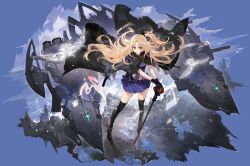  1girl absurdres alchemaniac azur_lane belt black_cape black_cloak black_gloves black_thighhighs blonde_hair blue_shirt blue_skirt boots bow cane cannon cape capelet center_opening cleveland_(azur_lane) cleveland_(meta)_(azur_lane) cloak closed_mouth clothing_cutout floating_cape floating_hair gloves hair_ornament hand_on_hilt headgear highres holding holding_cane holding_weapon hologram long_hair looking_at_viewer machinery midriff miniskirt navel non-web_source official_art one_side_up parted_bangs pleated_skirt red_eyes ribbon rigging rudder_footwear shirt sideless_outfit sidelocks skindentation skirt sleeveless solo staff standing stomach sword thigh-highs thighs transparent_background very_long_hair weapon wind wind_lift zettai_ryouiki 