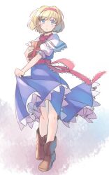  1girl alice_margatroid blonde_hair blue_dress blue_eyes blush book boots brown_boots capelet commentary_request dress frilled_ribbon frills full_body grimoire_of_alice hairband holding holding_book knees neck_ribbon parted_lips petticoat puffy_short_sleeves puffy_sleeves rangycrow red_hairband red_ribbon red_sash ribbon sash short_hair short_sleeves skirt_hold solo touhou white_background white_capelet 