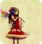  blunt_bangs branch decorations flower hair_flower hair_ornament highres kohare light_smile long_hair nail_polish original pocket pockets rounded_corners scarf simple_background solo standing very_long_hair 