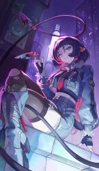  1boy 1girl absurdres animal_ears black_hair black_necktie blue_eyes boots cat_boy cat_ears city combat_knife cropped_jacket fingerless_gloves fur-trimmed_jacket fur_trim gloves hair_between_eyes highres ingna236 jacket jane_doe_(zenless_zone_zero) knife long_hair long_sleeves looking_at_viewer missing_commentary mouse_ears mouse_girl multicolored_hair multicolored_necktie nail_polish necktie pantyhose police police_uniform policeman red_hair red_nails red_necktie seth_lowell short_hair shorts single_leg_pantyhose single_thighhigh sitting smile solo spinning_weapon tail thigh-highs torn_clothes torn_pantyhose wanted_poster weapon white_hair zenless_zone_zero 